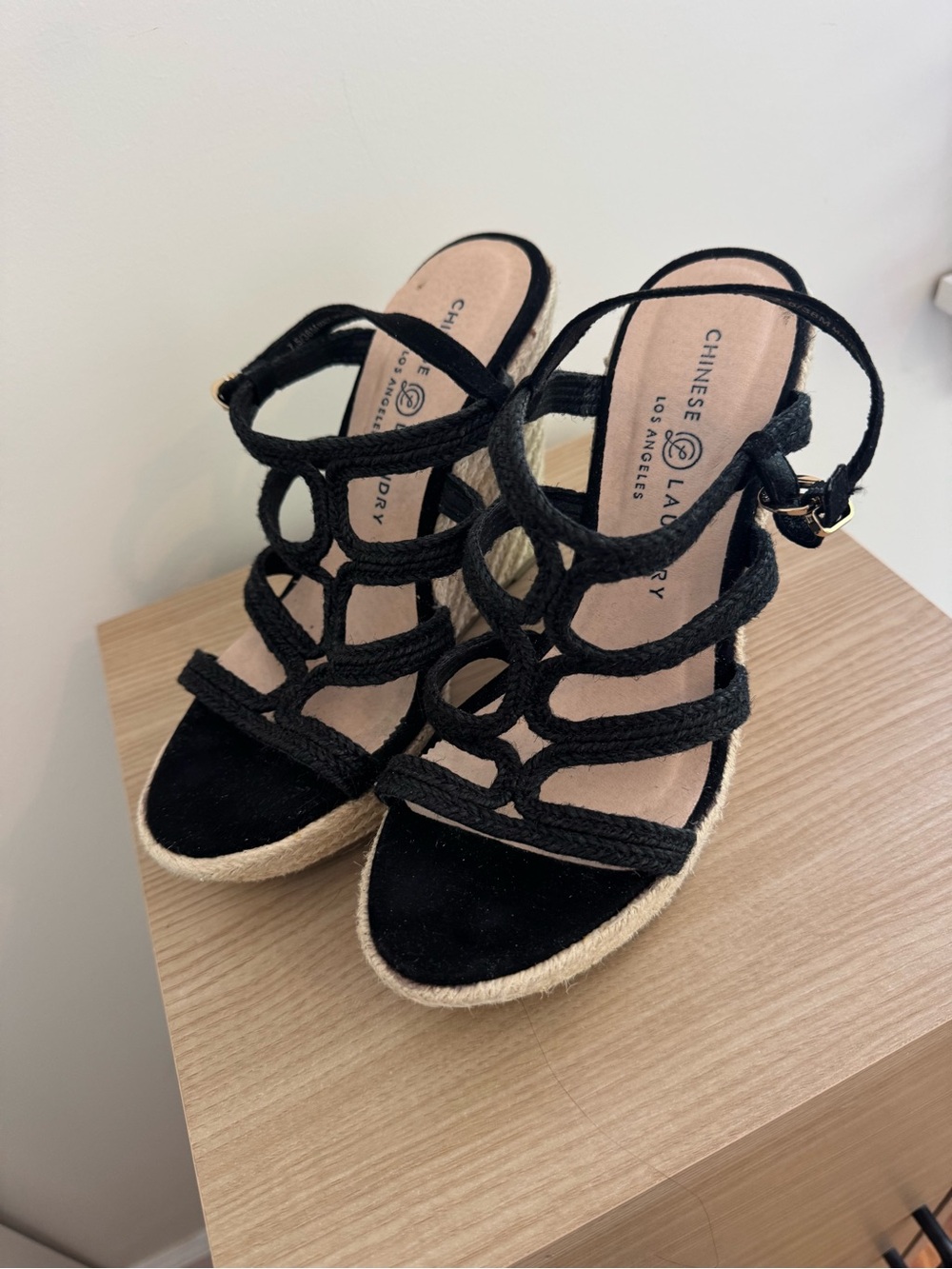 Chinese Laundry Black Braided Espadrille Wedge Sandals with Ankle Strap